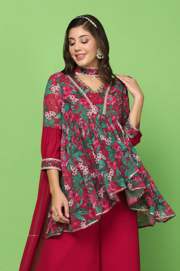Women’s Maroon Georgette Floral Printed Top, Palazzo And Dupatta Set