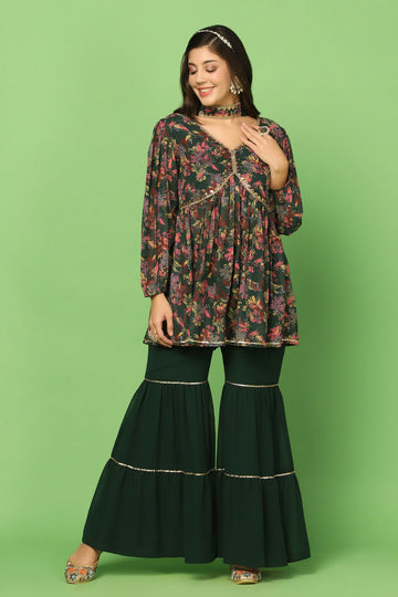 Women’s Bottle Green Georgette Floral Printed Top, Sharara And Dupatta Set