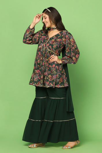 Women’s Bottle Green Georgette Floral Printed Top, Sharara And Dupatta Set