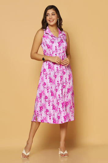 Women's Pink Floral Printed A-Line Midi Dress