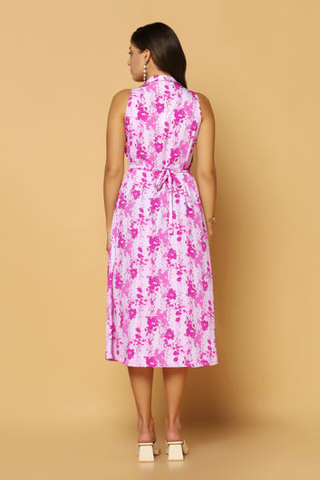 Women's Pink Floral Printed A-Line Midi Dress