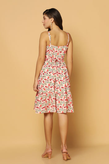 Women's Peach Floral Printed Knee Length Dress