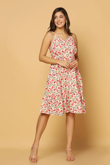 Women's Peach Floral Printed Knee Length Dress