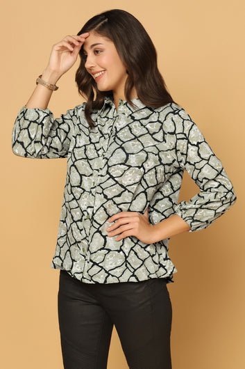 Women's Green Animal Printed Shirt Style Top