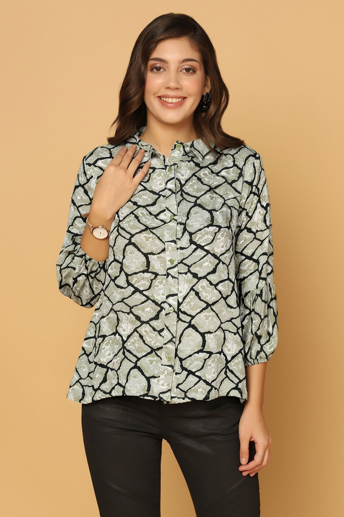 Women's Green Animal Printed Shirt Style Top