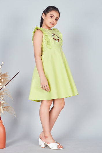 Girls Light Green Embroidered Fit And Flare Dress