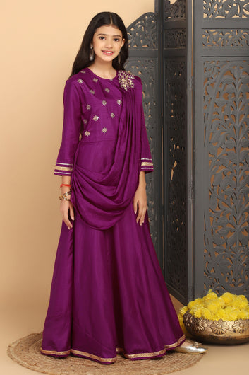 Girls Purple Dola Silk Embroidered Maxi Dresses With Attached Dupatta