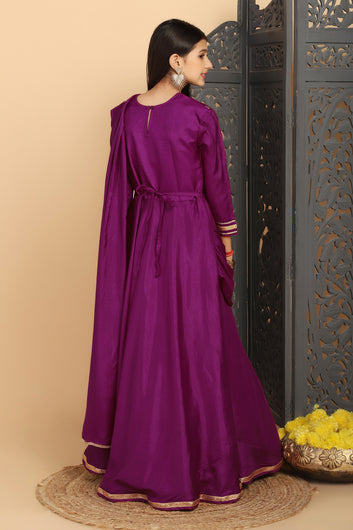 Girls Purple Dola Silk Embroidered Maxi Dresses With Attached Dupatta