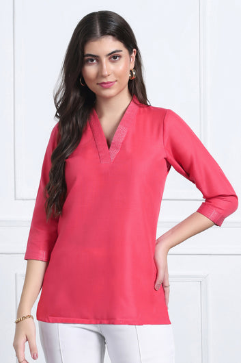 Womens Pink Solid Cotton Blend Casual Straight Tunic Top