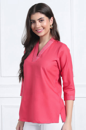 Womens Pink Solid Cotton Blend Casual Straight Tunic Top