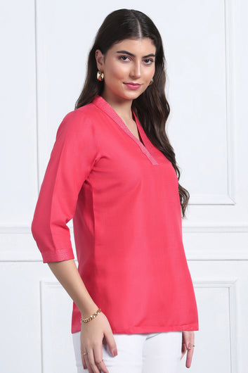 Womens Pink Solid Cotton Blend Casual Straight Tunic Top