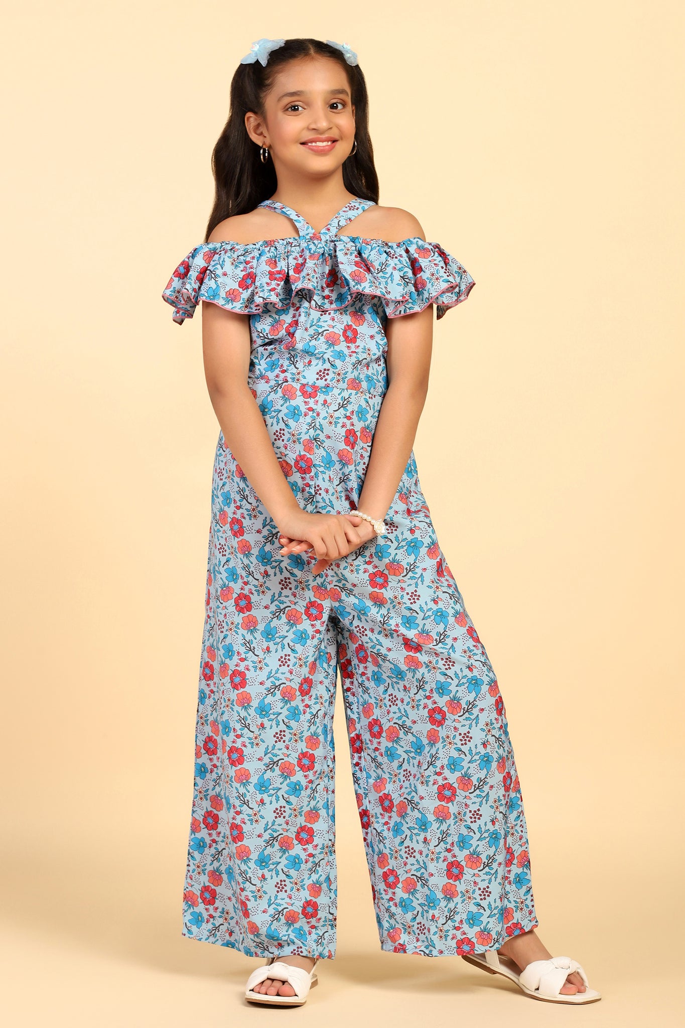 Girls Light Blue Floral Printed Ankle Length Ruffle Jumpsuit