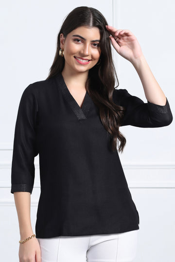 Womens Black Solid Cotton Blend Casual Straight Tunic Top