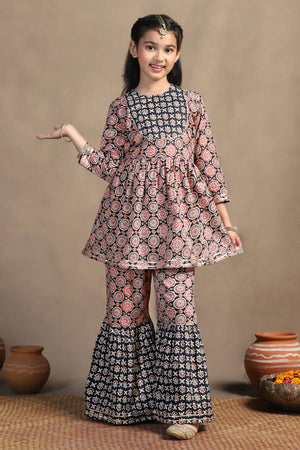 Girls Black Cotton All Over Ethnic Printed Flared Kurta With Sharara Set