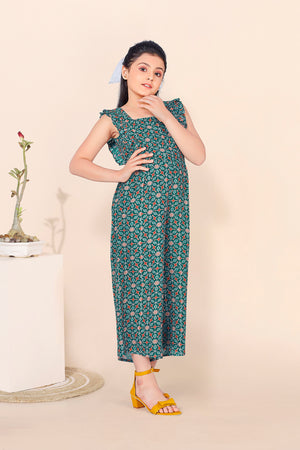 Girls Bottle Green Georgette All-Over Printed Jumpsuit