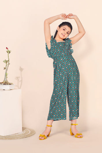 Girls Bottle Green Georgette All-Over Printed Jumpsuit