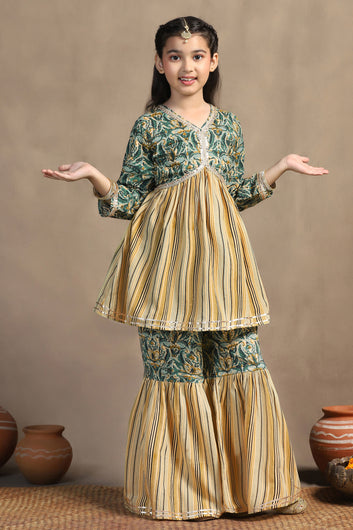 Girls Multicolor Cotton Empire Waist Style Kurta With Sharara Set