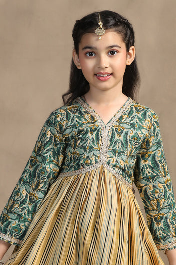 Girls Multicolor Cotton Empire Waist Style Kurta With Sharara Set