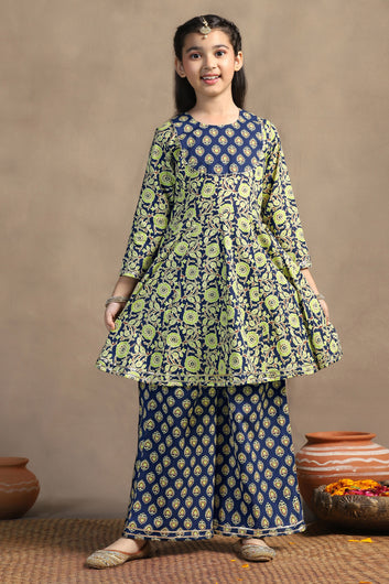 Girls Dark Blue Cotton Peplum Style Kurta With Palazzo Set