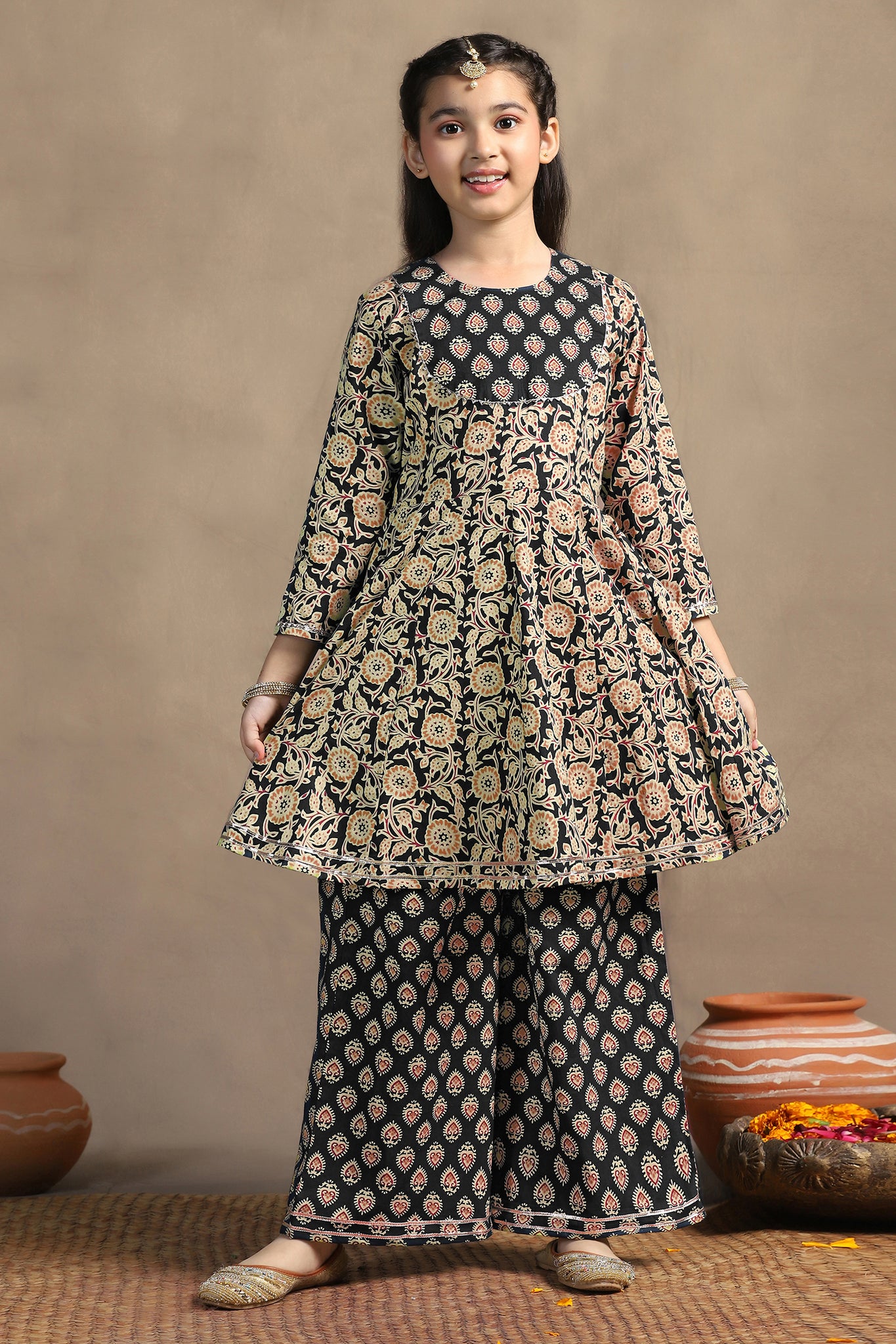 Girls Black Cotton Printed Peplum Style Kurta With Palazzo Set