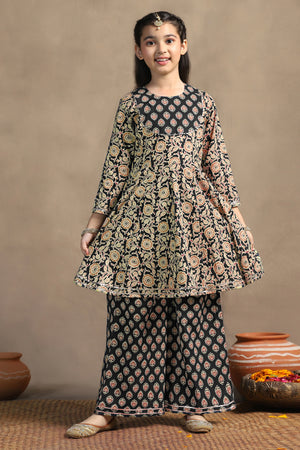 Girls Black Cotton Printed Peplum Style Kurta With Palazzo Set