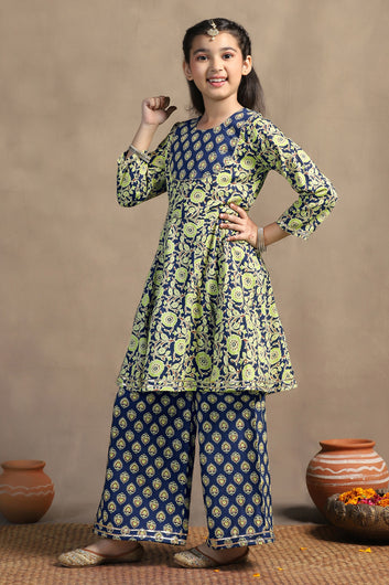 Girls Dark Blue Cotton Peplum Style Kurta With Palazzo Set