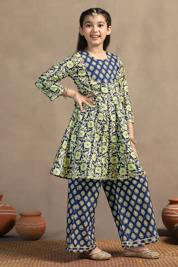 Girls Dark Blue Cotton Peplum Style Kurta With Palazzo Set