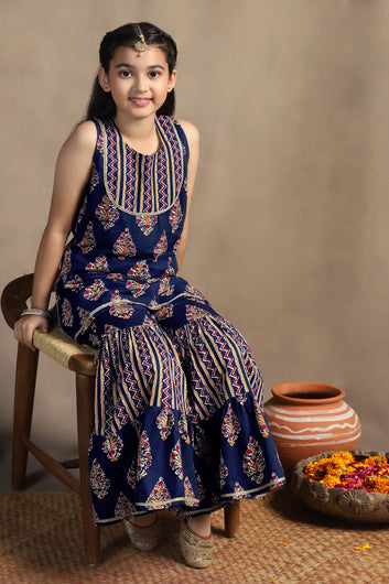 Girls Dark Blue Cotton Floral Printed Straight Kurta With Sharara Set