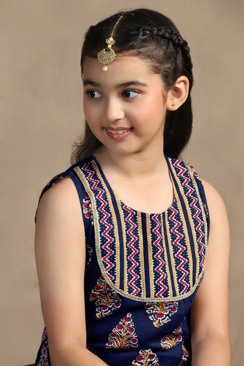 Girls Dark Blue Cotton Floral Printed Straight Kurta With Sharara Set