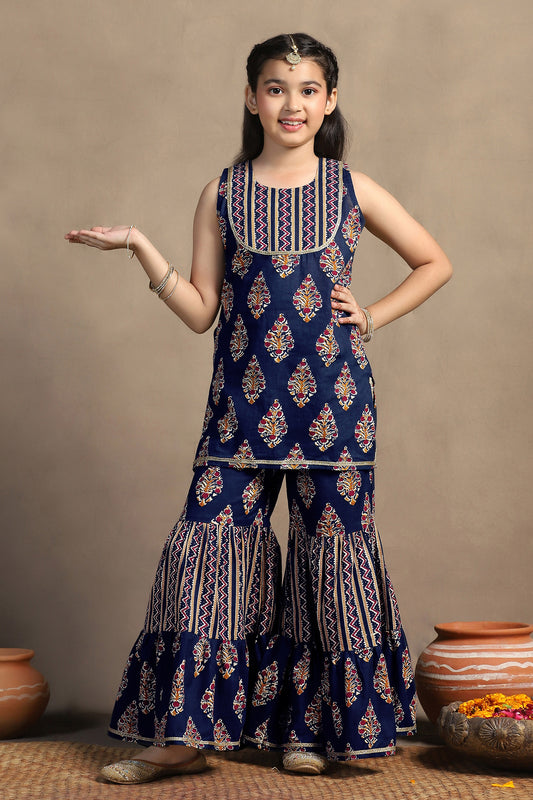 Girls Dark Blue Cotton Floral Printed Straight Kurta With Sharara Set