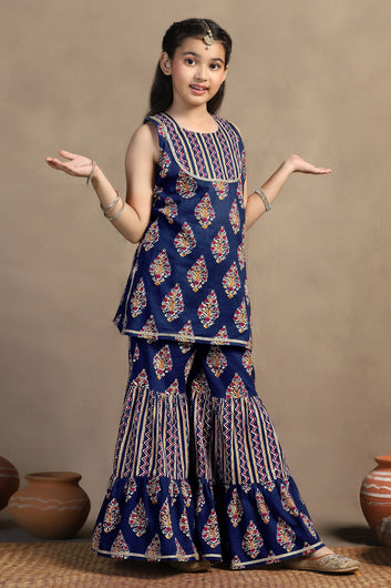 Girls Dark Blue Cotton Floral Printed Straight Kurta With Sharara Set