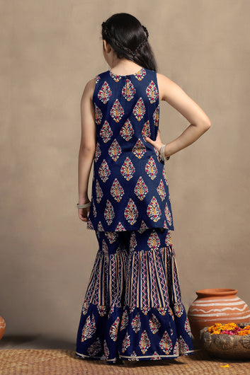 Girls Dark Blue Cotton Floral Printed Straight Kurta With Sharara Set