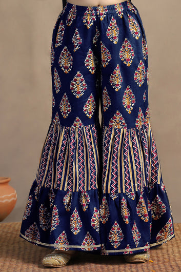 Girls Dark Blue Cotton Floral Printed Straight Kurta With Sharara Set