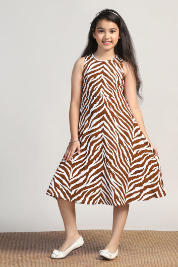 Girls Brown Cottton Blend Printed A-line Casual Calf Length Dress