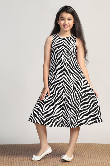 Girls Black Cottton Blend Printed A-line Casual Calf Length Dress