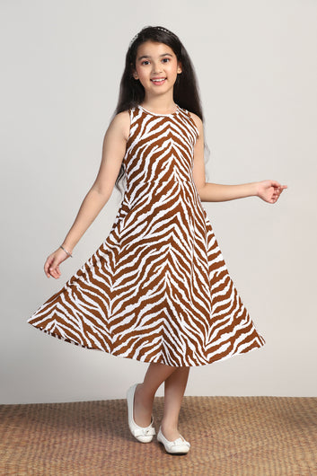 Girls Brown Cottton Blend Printed A-line Casual Calf Length Dress