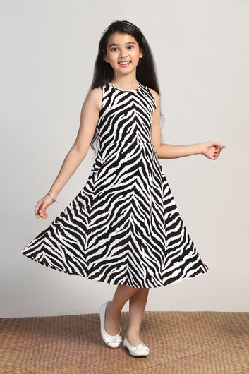 Girls Black Cottton Blend Printed A-line Casual Calf Length Dress