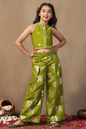 Girl's Olive Roman Silk Foil Printed Crop Top And Palazzo set