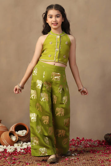 Girl's Olive Roman Silk Foil Printed Crop Top And Palazzo set