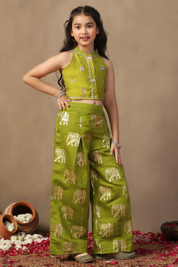 Girl's Olive Roman Silk Foil Printed Crop Top And Palazzo set