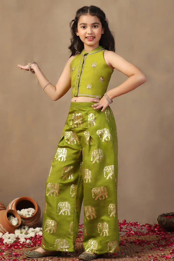Girl's Olive Roman Silk Foil Printed Crop Top And Palazzo set