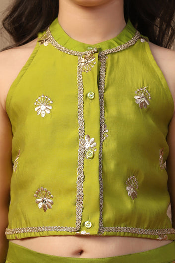 Girl's Olive Roman Silk Foil Printed Crop Top And Palazzo set