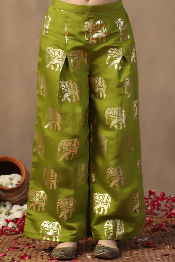 Girl's Olive Roman Silk Foil Printed Crop Top And Palazzo set