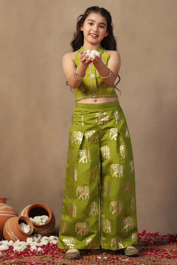 Girl's Olive Roman Silk Foil Printed Crop Top And Palazzo set