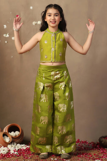 Girl's Olive Roman Silk Foil Printed Crop Top And Palazzo set