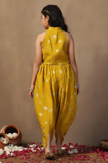 Girl's Yellow Roman Silk Foil Printed Crop Top and Dhoti Set