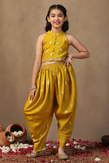 Girl's Yellow Roman Silk Foil Printed Crop Top and Dhoti Set