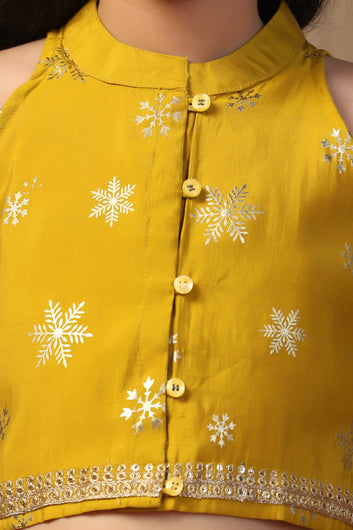Girl's Yellow Roman Silk Foil Printed Crop Top and Dhoti Set