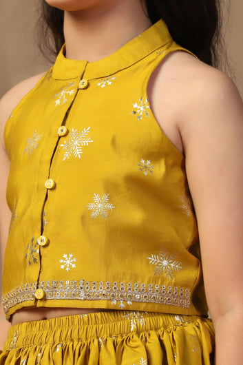 Girl's Yellow Roman Silk Foil Printed Crop Top and Dhoti Set