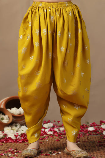 Girl's Yellow Roman Silk Foil Printed Crop Top and Dhoti Set